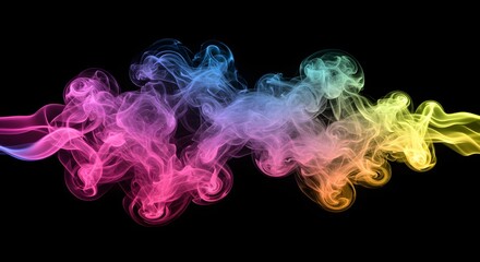 Abstract multicolored smoke trails flow across a black background, creating a dynamic and ethereal effect.