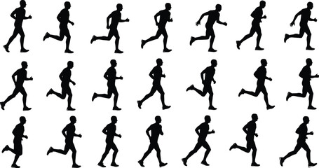 Running man silhouette set, fitness pose collection, athlete motion illustration, sport vector design, black and white graphic, healthy lifestyle concept