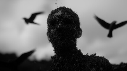 Human Figure Covered in Dark Debris Among Flying Birds