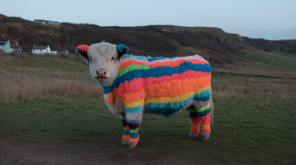 Highland Cow with Vibrant Rainbow Fur