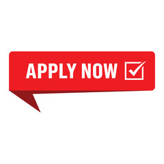 A red rectangular button with a pointed end and the words apply now and a checkmark icon isolated on white background