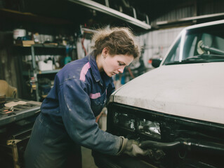 Focused Female Mechanic Repairing Vehicle in Garage