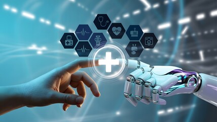 Human and robotic hands reaching toward glowing medical cross with hexagonal health icons, symbolizing AI in healthcare, smart diagnostics, and medical technology collaboration