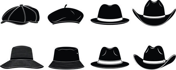 Stylish hat silhouette collection, fashion headwear icon set, classic hat vector illustration, elegant accessories graphic, black design, vintage headpiece bundle