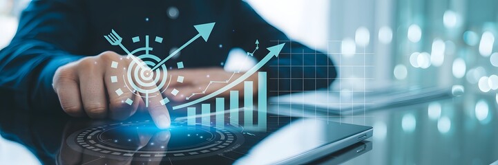 Hand pointing at holographic growth chart on digital interface, symbolizing business analytics, strategic planning, and technology-driven success