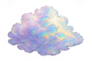 Iridescent cloud swirling with holographic hues, floating against transparent backdrop, embodying ethereal fantasy aesthetic