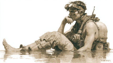 Pensive Soldier Resting in Sepia Toned Water