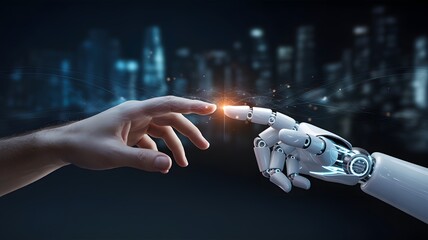 Human and robotic hands reaching toward each other in glowing cityscape, symbolizing AI collaboration, urban technology, and future human-machine synergy