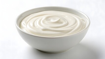 Bowl of creamy white yogurt on minimalist white background, symbolizing purity, freshness, and simple nutrition