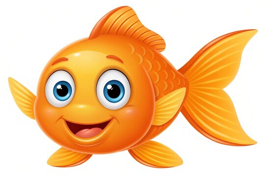 Delightful orange cartoon goldfish with big blue eyes swimming against a white backdrop.