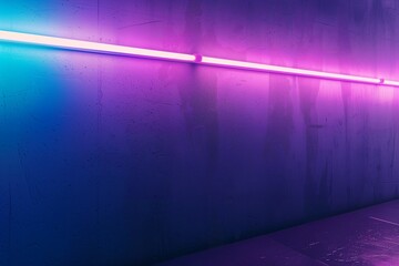 Obraz premium Modern wall with neon LED strip lights, moody purple and blue color palette, cyber aesthetic background, minimal studio setup.