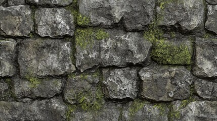Obraz premium Textured Stone Wall with Moss Accumulation Showcasing Natural Weathering and Rough Surface Patterns in an Outdoor Setting