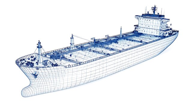 Detailed 3D wireframe of a large cargo ship