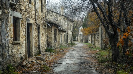 A long-forgotten village overtaken by nature with crumbling buildings and silent streets showing signs of desertion