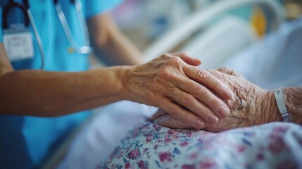 A nurse gently holding the hand of an elderly patient in a hospital room filled with soft light and medical equipment