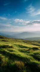 Obraz premium Lush Green Mountain Meadow with Distant Peaks Under Blue Sky
