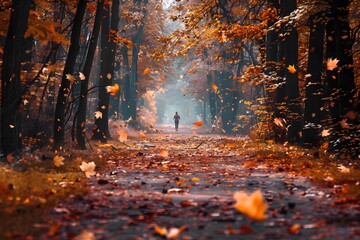 Solitary Runner Through Autumn Trail