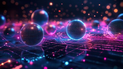 Abstract digital spheres floating on a network grid of glowing lines.