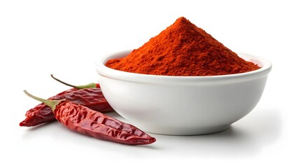 Bowl of red chili powder with dried chili peppers on white background, symbolizing spice, flavor intensity, and culinary heat
