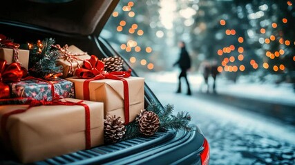 A car trunk filled with wrapped gifts and pinecones, set against a snowy background with blurred lights. A person walks in the distance. - Powered by Adobe