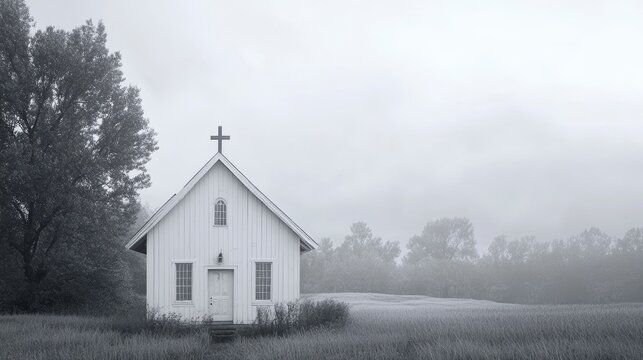 Small white church in a foggy field.