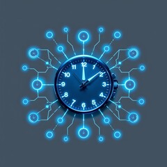 clock icon with connected ai nodes around it, representing autonomous time management tools, macro front icon, white background