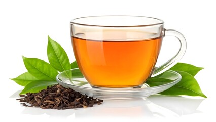Glass cup of amber tea surrounded by fresh and dried tea leaves, symbolizing natural brewing, flavor richness, and traditional tea culture