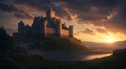 Fototapeta premium Majestic Medieval Castle at Sunset Overlooking Scenic Landscape