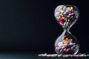 Hourglass is filled with colorful pills slowly falling, representing the passage of time and its relation to medicine, healthcare, and pharmaceutical concepts