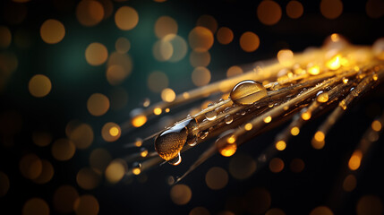 Capturing dew drops delicately clinging to grass blades, reflecting shimmering golden bokeh lights, creating a mesmerizing display of nature's enchanting beauty during the night