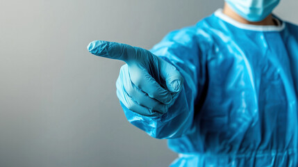 Doctor dressed in a blue surgical gown and mask, pointing with an index finger while wearing a blue glove, set against a neutral background in a medical environment