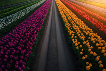Rows of colorful tulips in varying shades create a stunning landscape, separated by a dirt road leading towards the warm glow of the setting sun