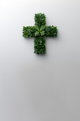 Green leaves forming a cross shape symbolize the connection between nature, spirituality, and healthcare, conveying themes of environmentalism and well being against a light gray backdrop