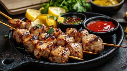 Fototapeta premium Delicious Grilled Meat Skewers with Sizzling Spices and Sauces Served on a Cast Iron Pan with Lemon Garnish