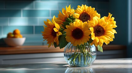 Vibrant Sunflower Bouquet in a Glass Vase on a Kitchen Counter with Natural Light