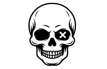 Hand drawn skull icon with an X in one eye, a black and white isolated drawing perfect for punk rock and Halloween designs