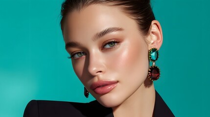 Portrait Of A Beautiful Woman With Radiant Skin Wearing Bold Jewelry Against A Teal Background