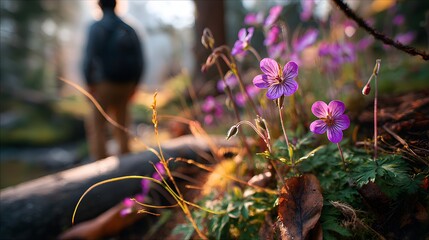 Close Up of Delicate Violet Wildflowers with Hiker in Soft Focus in Serene Forest Setting