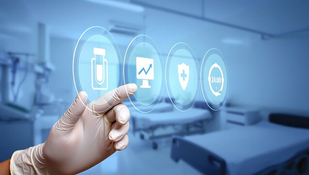 Medical Professional Interacting with Digital Health Interface, Hospital Ward with Advanced Technology Displaying Healthcare Options - Powered by Adobe