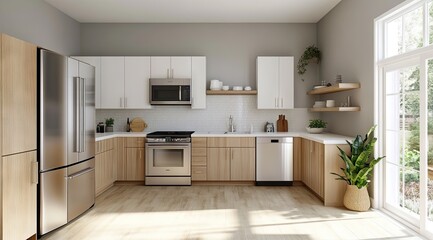 Bright, modern kitchen with light wood cabinets and white accents