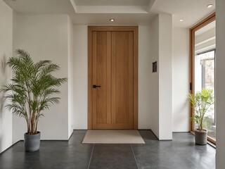 Tranquil and well-lit modern home entrance, emphasizing the clean lines of the wooden door and the subtle textures of the surrounding white walls