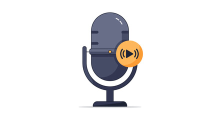 Cartoon Microphone with Play Button Dark Blue and Orange Vector Illustration.