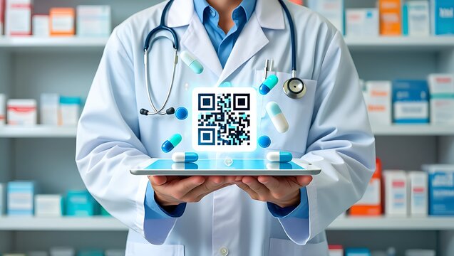 Modern healthcare: Pharmacist using a tablet with QR code for medication information, Doctor using innovative technology for prescription management in pharmacy setting