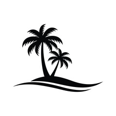 Two palm trees stand silhouetted against a white background on a small island