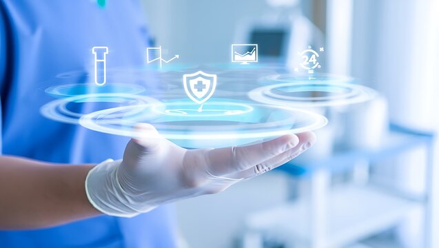 Doctor wearing gloves, surrounded by healthcare icons, promoting health technology, Healthcare Professional displays digital icons with medical concepts in a modern, clean environment