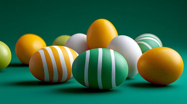 Colorful Decorated Easter Eggs With Stripes and Patterns on a Green Background