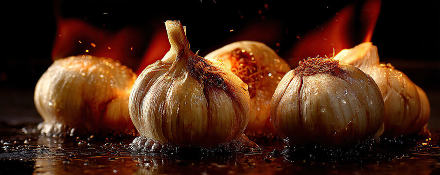 Roasting garlic bulbs on a hot grill creating aromatic bursts of flavor in a dark kitchen setting