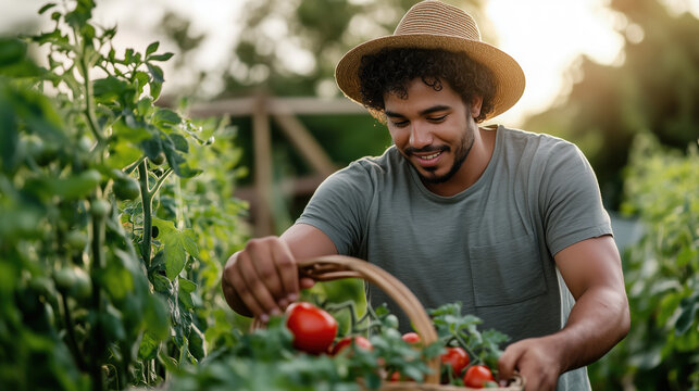 Young farmer with curly hair and a straw hat smiles as he carefully picks ripe red tomatoes from the vine, placing them in a wicker basket in his thriving urban rooftop garden
