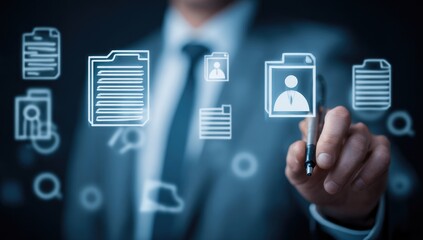 Businessman interacts with digital documents and profiles