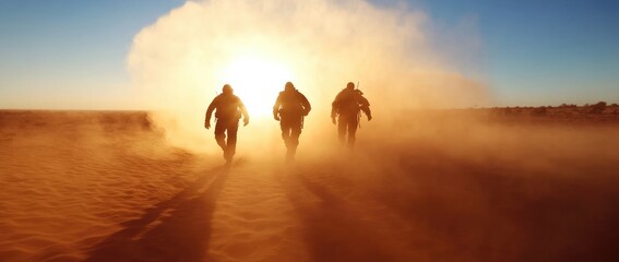 People walking through desert dust storm